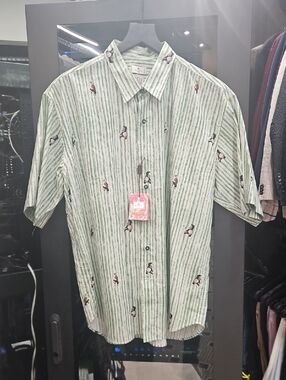 Etro Light Green Striped Short Sleeve Button-Down with Kung Fu Panda